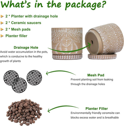 6 Inch Indoor Plant Pots with Drainage Holes and Saucers, Ceramic Planter for Plants, Flower Pot - Set of 2