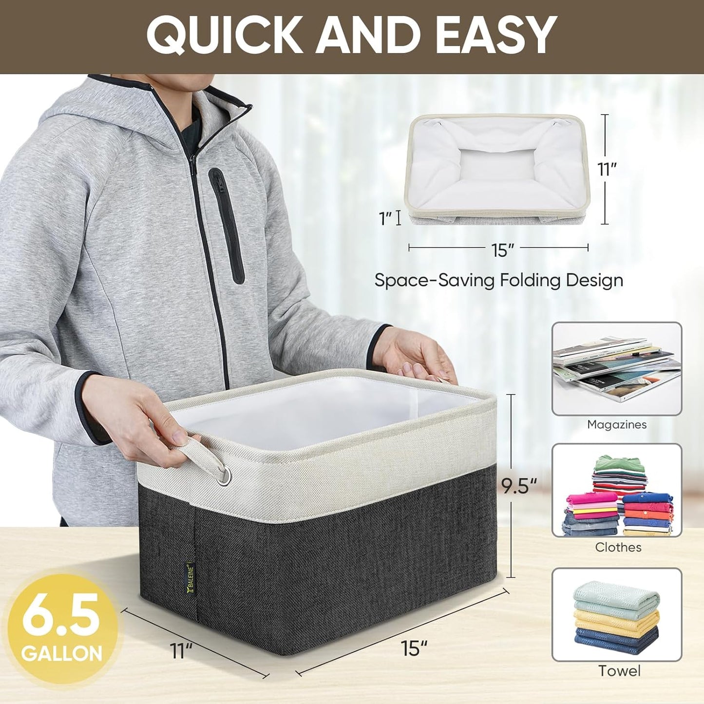 BALEINE 3 Pack Fabric Storage Bins for Shelves, Linen Storage Baskets for Organizing, Decorative Closet Bins for Clothes, Home (Black, 15"x11"x9.5")