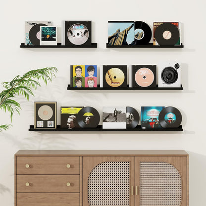 Picture Ledge Shelf, Solid Pine Wood Floating Shelves Set of 4, 16 Inches Nursery Book Shelves for Toys Storage, Kids Bookshelf Wall Mounted for Living Room Decor Photo Frames, Black