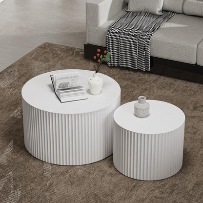 Round Nesting Coffee Table Set of 2 Handcraft Circle Fluted Nesting Coffee Tables Circular Side Table Drum Accent End Tables for Living Room Bedroom (White A Large)
