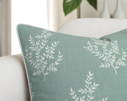 VAGMINE Embroidered Leaves Throw Pillow Cover - 18x18 Inches Square - 100% Cotton Light Teal Decorative Cushion Cover - Elegant Embroidery Pattern - Coastal Home Accent for Sofa, Bed, Living Room