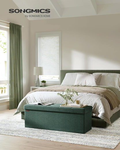 SONGMICS MAZIE Collection - 43 Inches Folding Storage Ottoman Bench, Ottoman Foot Rest, End of Bed Bench, Storage Chest, Load 660 lb, for Living Room, Bedroom, Entryway, Retro Green ULSF077C01