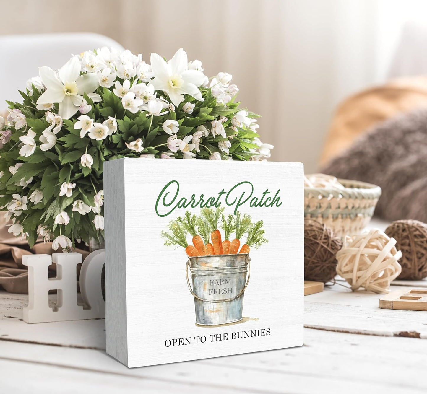 SRADMO Easter Sign, Carrot Patch Easter Wood Box Sign Desk Decor, Easter Carrot Decorations, Farmhouse Easter Theme Wooden Block Box Sign Decoration for Home Office Shelf Table Decor