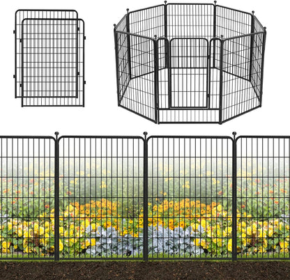 Decorative Black Metal Fencing Garden Fence with Gate, 18ft(L) 40in(H) 8 Fence Panels No Dig Fence Rustproof Animal Barrier Fence Temporary Dog Panels Fencing Outdoor