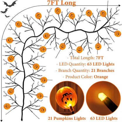 7 Ft 63 LED Halloween Decorations Willow Vine Twig Garland with 8 Modes Timer 21 Pumpkin Orange Lights, Halloween Garland with Waterproof Battery Operated for Indoor Wall Fireplace Decorations