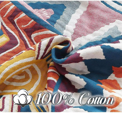MSGKV Boho Throw Blanket for Bed Couch,100% Cotton Throw Blankets 80''x 90'' Mexican Super Soft Blanket Travel Picnic Blankets Versatile Knit Woven Blanket Boho Decor