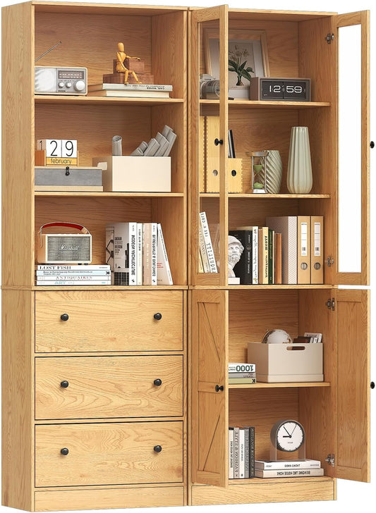 71" Tall Bookshelves Set of 2, Bookcase with Drawers & Bookshelf with Doors, Wooden Bookshelves Floor Standing Display Storage Shelves Home Decor Furniture for Home Office, Living Room,Natural