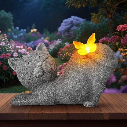 Cute Solar Cat Garden Statue with Lighted Butterfly, Outdoor Waterproof Resin Cat Figurine for Yard Lawn Patio Porch, Solar Powered Garden Decor and Gift for Cats Lovers