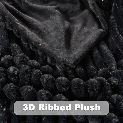 NEWCOSPLAY Faux Fur Throw Blanket Black 3D Ribbed Plush Thick Warm Blanket for Couch Sofa Bed 850GSM (Black Ribbed, Throw(50"x60"))