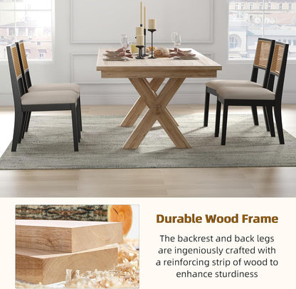 Westice Rattan Dining Chairs Set of 6, Farmhouse Natural Dining Room Chairs with Upholstered Cushion, Wood Armless Chairs for Kitchen/Restaurant, Black