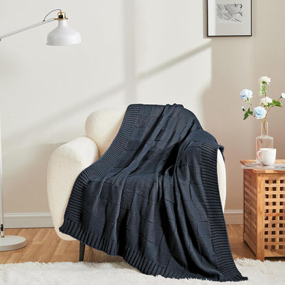 CozeCube Check Knit Throw Blanket, Midnight Navy Checkered Throw for Couch, Decorative Christmas Soft Cozy Warm Knitted Blanket for Bed Sofa Living Room, 60"X80"