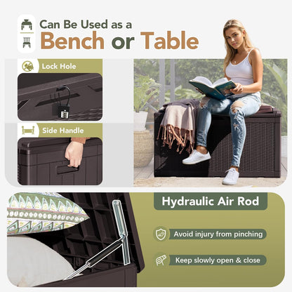 Flamaker Deck Box with Cushion 100 Gallon Waterproof Resin Storage Box with Air Rod Indoor Outdoor Lockable Storage Bench for Patio Furniture, Tools, Pool Accessories (Deep Brown)