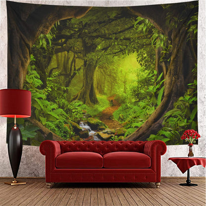 Tushelia Forest Nature Tree Cave Wall Hanging - Misty Forest Stream Through Rainforest Landscape Jungle Creek Psychedelic Tapestry for Living Room