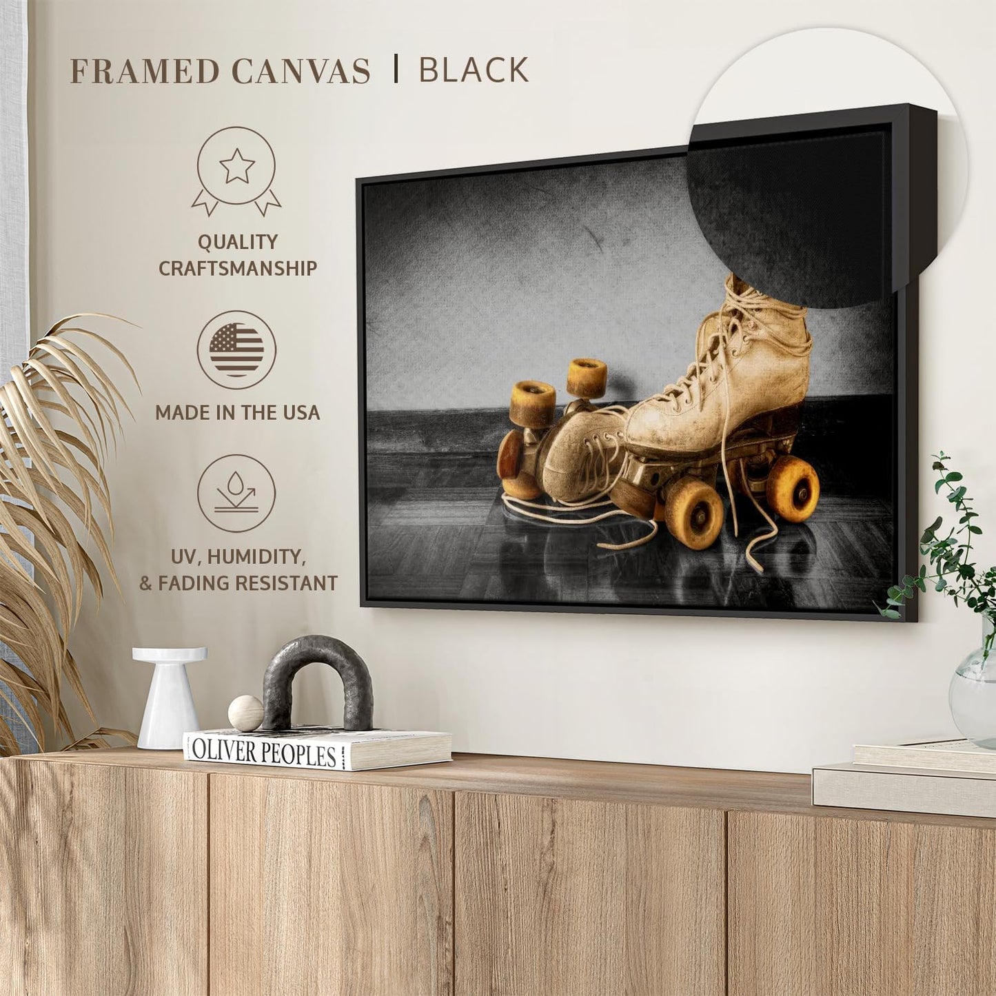 ElephantStock Vintage Skates Pop Wall Art - Horizontal Framed Canvas - 1-Piece Living Room Wall Decor - Sport Photography Canvas Print - Beige and Black Decor for Wall - 25" X 17"
