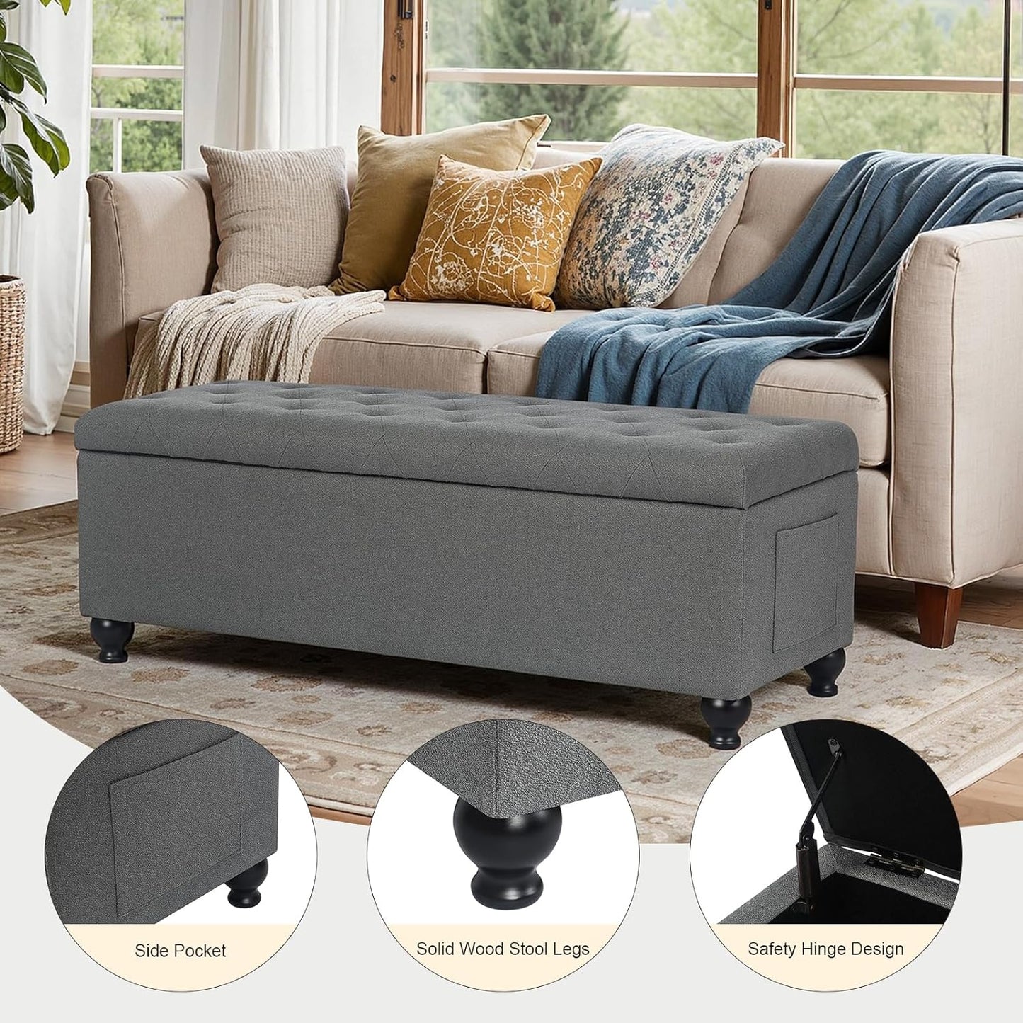 Storage Ottoman Bench 46 Inch Ottoman Bench with Storage Fabric Tufted Benches for End of Bed, Upholstered Ottomans Benches King Size with Hinged Lid for Living Room Bedroom Grey