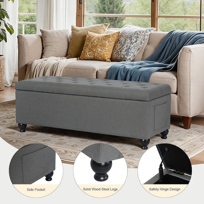 Storage Ottoman Bench 46 Inch Ottoman Bench with Storage Fabric Tufted Benches for End of Bed, Upholstered Ottomans Benches King Size with Hinged Lid for Living Room Bedroom Grey