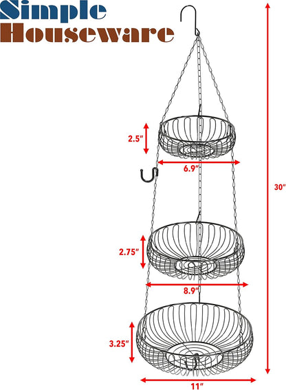 Simple Houseware Adjustable Metal Hanging Fruit Basket, Oblate, Black, 11" W x 11" L x 30" H