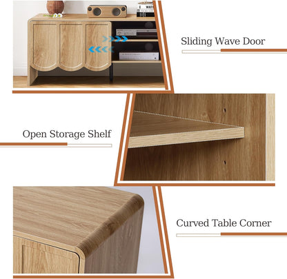 ORRD 63'' TV Stand, Modern TV Console Table Wave Panel Television Stands Entertainment Media Center with Storage Compartment and Sliding Door for Living Room (Natural)