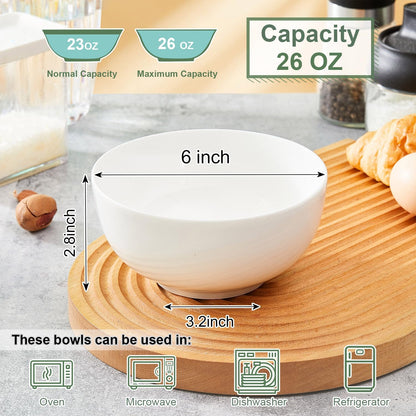 White Soup Bowls 6 in, 26Oz round Large Ceramic Bowl set of 6, Deep Porcelain Bowls for Cereal, Salad, Noodles, Dishwasher/Microwave safe