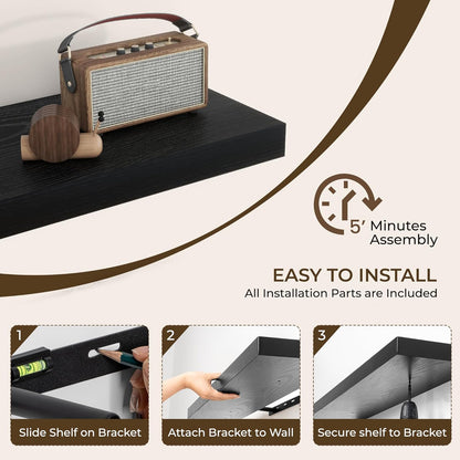 RICHFOCUS 55Inch Floating Shelves for Wall 1 Pack Shelves for Bedroom|Kitchen|Bathroom Wall Mounted Rustic Wood Floating Shelf with Invisible Brackets for Books|Storage|Decor, Black