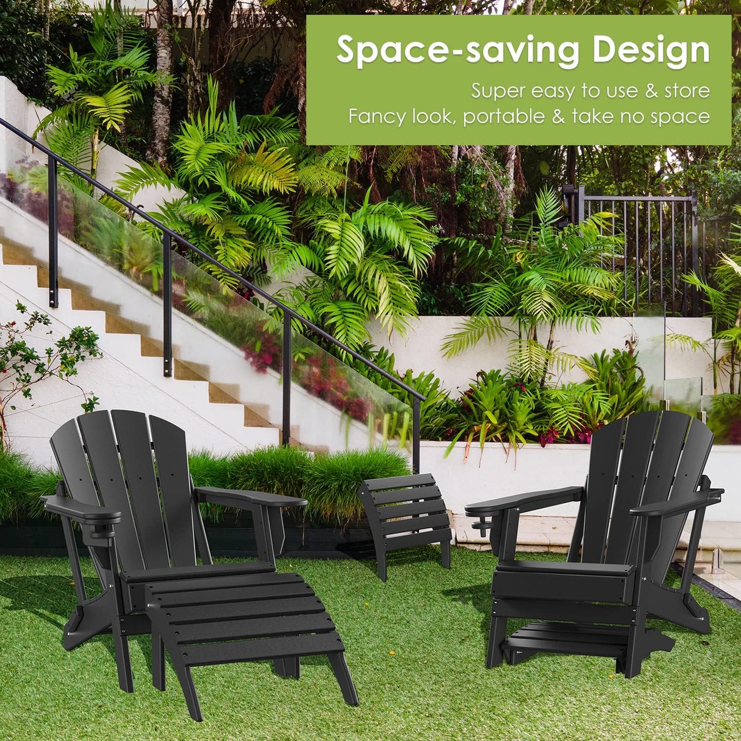 GREENVINES Adirondack-Ottoman | Set of 2 | HDPE Plastic | Outdoor Footrest | All Weather | Foot Rest | Foot Stool | Black | for Adirondack Chair | for Patio Backyard Pool