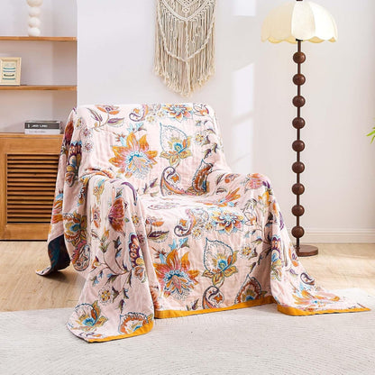 Boho Throw Blanket for Bed, 100% Cotton Soft Rustic Quilt Fall Blanket, 80"x90" Floral Printed Farmhouse Decor Bed Blankets, All Season Rustic Reversible Bohemian Throw Quilt