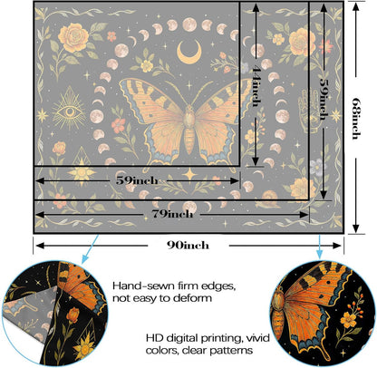 Lunerfex Moon Phase Butterfly Floral Wall Tapestry, Celestial Botanical Tapestries for Room Decor, Mystical Tapestry 90x70 Inch