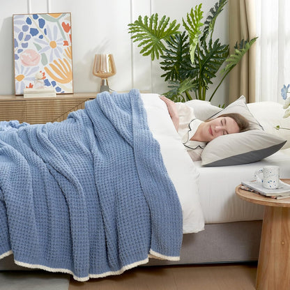 Snuggle Sac Blue Waffle Bedding Blankets Queen Size 90x90 inches, Reversible Microfiber Fluffy Fuzzy Soft Throw Cozy Knit Blanket for Women Mothers Birthday Gifts