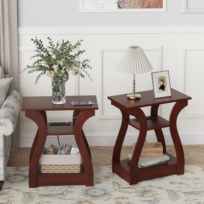 End Tables Living Room Set of 2,Cherry End Table with Charging Station,Side Table, Nightstand for Bedroom, 3 Tier End Table with Storage Shelf for Living Room(Cherry)