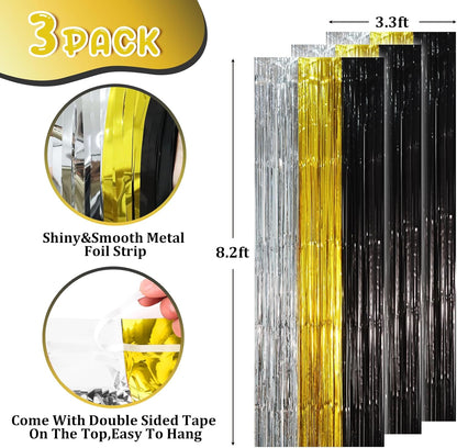 3 Pack 3.3 x 8.2 ft Black Gold Silver Foil Fringe Backdrop Curtains, Tinsel Streamers Party Decorations, Fringe Backdrop, Door Shimmer for New Years or Birthday Party