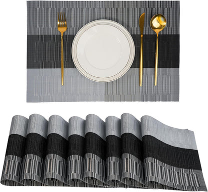 Placemats Set of 8，Non-Slip PVC Weave Table Mats Easy to Clean，Heat Resistant Place Mats for Kitchen Dining Table Decoration Indoor Outdoor，Black Gray