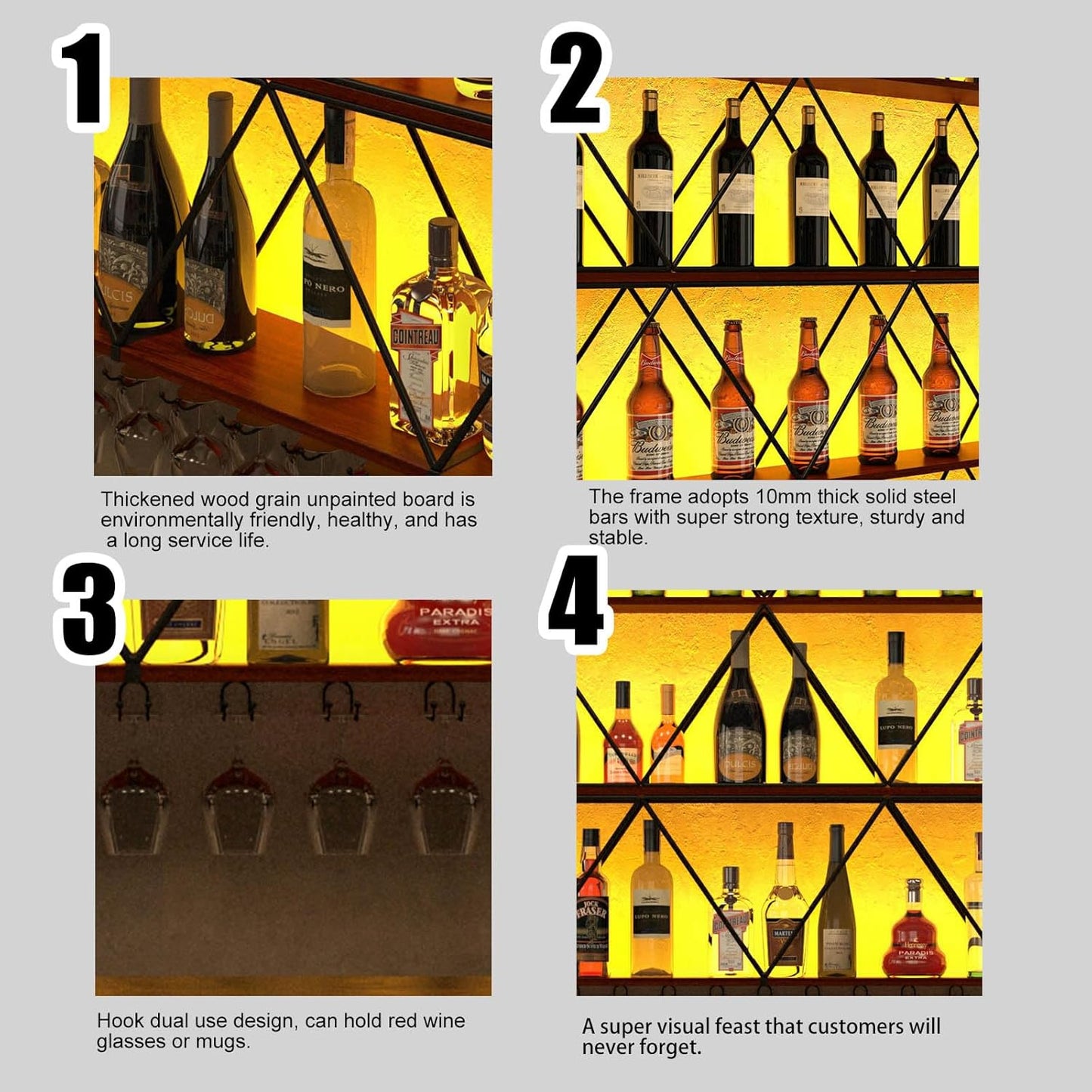 59in Wine Rack Wall Mount with Glass Holder, 3-Tier Floating Wine Rack, Multi-Function Bar Wine Bottle Display Rack for Commercial Restaurants, Tea Rooms, Bars, Wine Cellars (black, 59.05in/150cm)