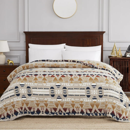 CASAAGUSTO Boho Sherpa Throw Blanket, Aztec Queen Blanket, Ultra Soft, Warm, Cozy, Plush, Thick Fleece Bohemian Throw Blanket for Couch, Bed, Sofa (Khaki 90 * 90 Inch)