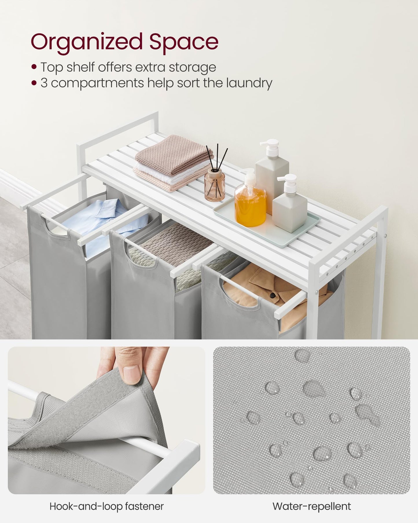 VASAGLE Laundry Hamper, Laundry Basket, Laundry Sorter with 3 Pull-Out and Removable Bags, Shelf