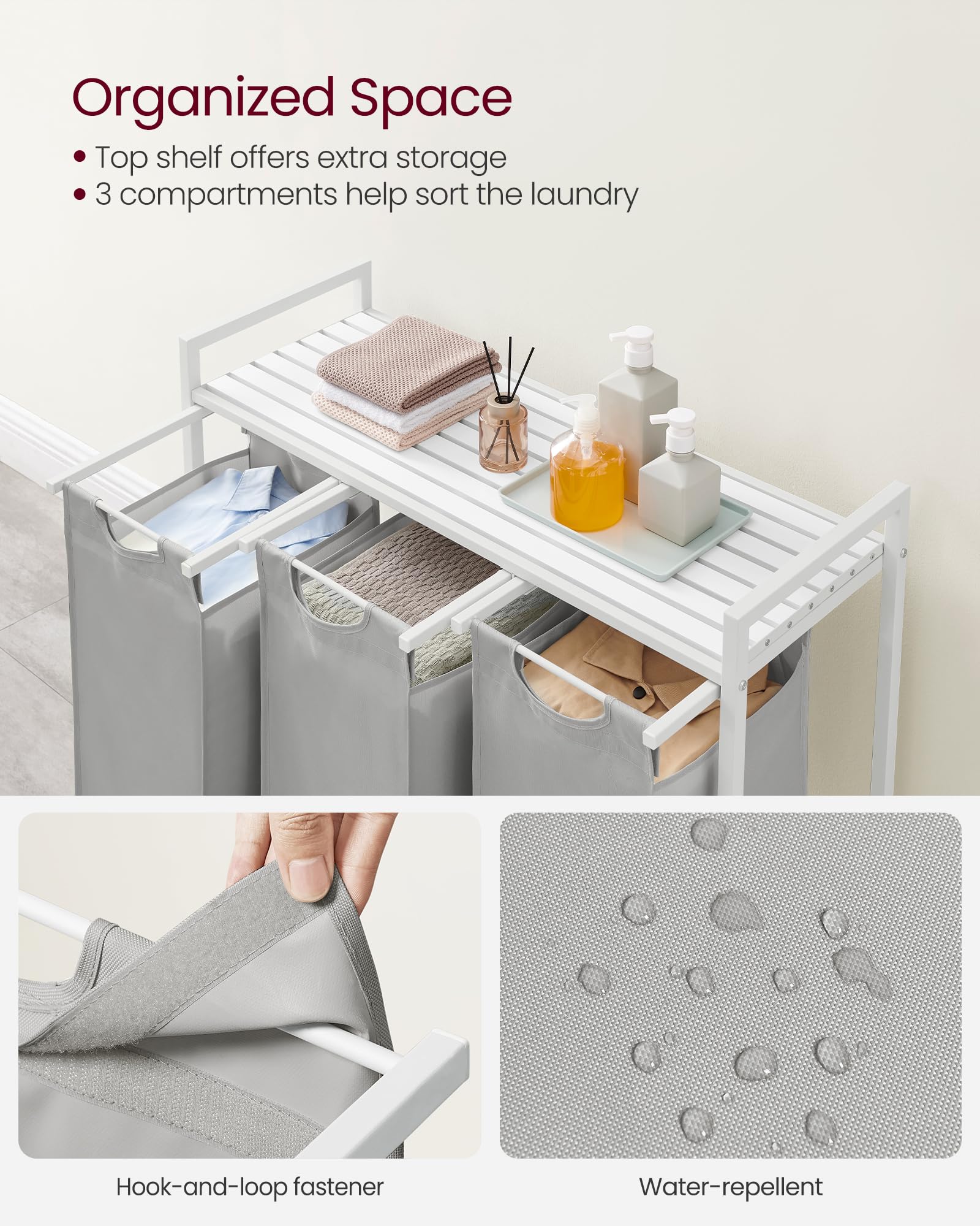VASAGLE Laundry Hamper, Laundry Basket, Laundry Sorter with 3 Pull-Out and Removable Bags, Shelf