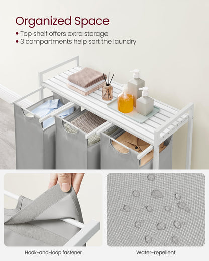 VASAGLE Laundry Hamper, Laundry Basket, Laundry Sorter with 3 Pull-Out and Removable Bags, Shelf