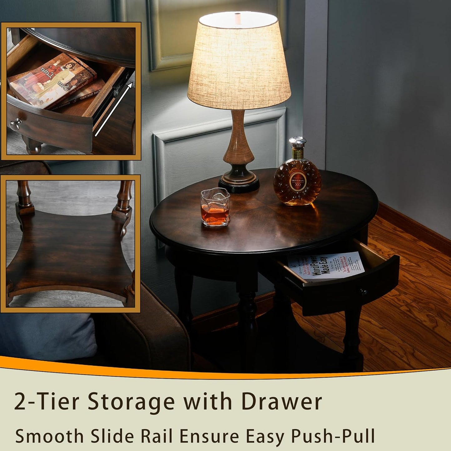 MODERION Oval End Table with Drawer, Solid Wood Sofa Side Table with Storage Shelf, Traditional Living Room Corner Table, Nightstand, Easy Assembly 28” x 22” x 24” Retro Walnut CJZ2233DC