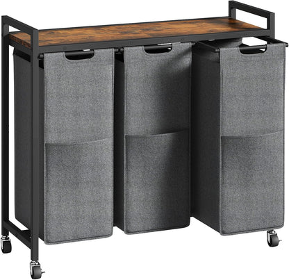 HOOBRO Laundry Sorter 3 Section, Laundry Hamper with Wheels, 3 × 11.5 Gal (43.4L), Rolling Laundry Basket, Pull-Out and Removable Oxford Fabric Laundry Bags, Rustic Brown and Grey BFG76XY01