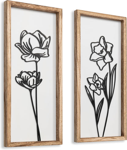 3D Black and White Wall Art (Set of 2) Lightweight, Wooden Ready-to-Hang Framed Floral Wall Art for Bathroom, Bedroom, Living Room or Office – Boho Botanical Farmhouse Decor – Gift-Boxed