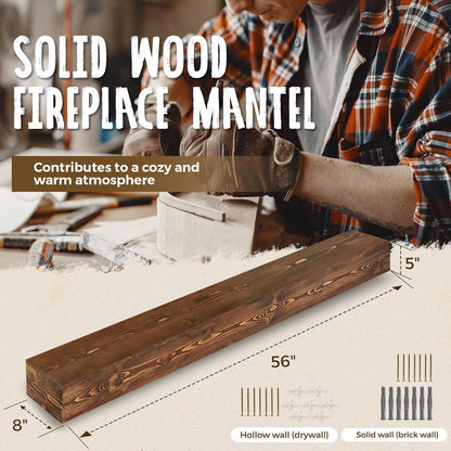 56x8x5 Fireplace Mantel - Handcrafted Hollow Rustic Solid Wood Wall Mounted Floating Shelf with Invisible Heavy Duty Wood Bracket (Weathered Brown)