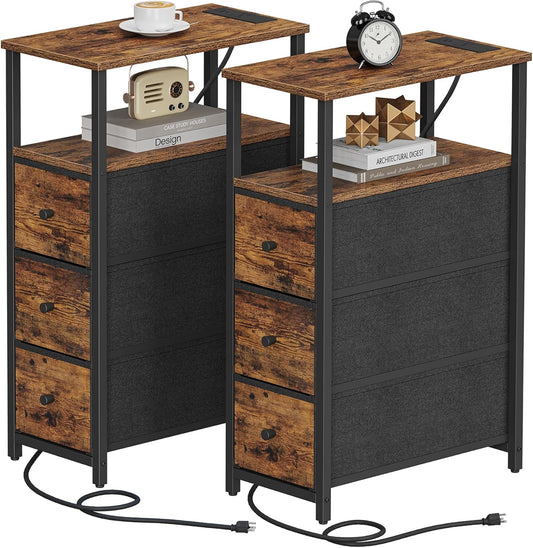 TUTOTAK Narrow Night Stand with Charging Station, Slim End Table with Plugins, Tall Side Table with 3 Fabric Drawer, Small Bedside Table with Storage, Set of 2, Living Room, Bedroom, Brown TB01BB073