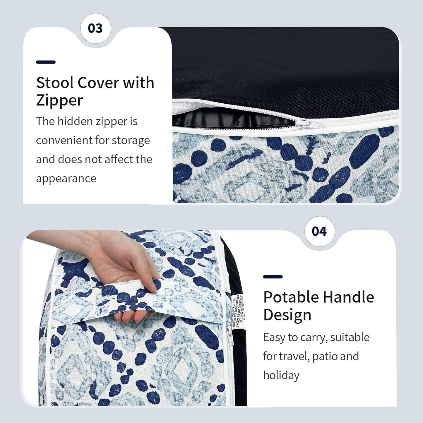 Inflatable Ottoman Stool D21 xH9 for Outdoor/Indoor Use, Water Repellent Patio Foot Rest with Portable Handle,Round Pouf Ottoman Suitable for Garden,Deck and Camping - Boho Geometry Blue