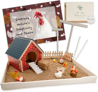 Threeheng Chicken Zen Garden Kit - Sand Tray Therapy Kit with Miniature Chicken Coop, Hen Figurines, and Accessories - Desk Sand Box for Meditation and Stress Relief - Fun Gift