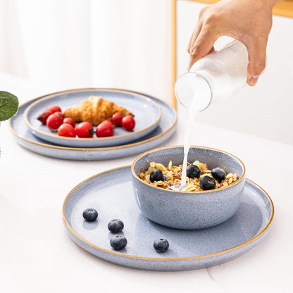 GBHOME Ceramic Dinnerware Sets for 4, 12 Pieces Stoneware Plates and Bowls Sets, Scratch Resistant Dishe Set for Dinner, Dishwasher & Microwave Safe, Brunnera Blue