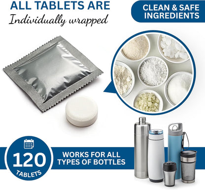120-pcs Water Bottle Cleaner Tablets, Chlorine-free, Water Bottle cleaner, Tumbler washer and Glass bottle cleaner Removes stubborn stains and Freshens glass bottles and utensils