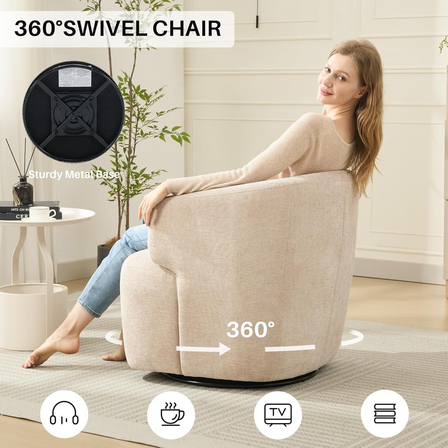 Swivel Accent Chair, Chenille Barrel Chair for Living Room, Cozy Round Boucle Arm Chair, Metal Base for Club Nursery Bedroom, Beige