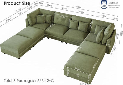 LLappuil Modular Sectional Sofa with Storage Seats, Corduroy Convertible Modular U Shaped Sectional Couch for Living Room, 8 Seat Oversized Sofa with 6 Back Cushion 6 Throw Pillow, Green