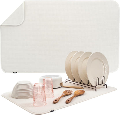 S&T INC. Dish Drying Mat Jumbo, 18” x 30”, Absorbent Microfiber Kitchen Counter Mat, Dish Drying Pad for Dishes, Utensils, Pots and Pans, Jumbo, Cream