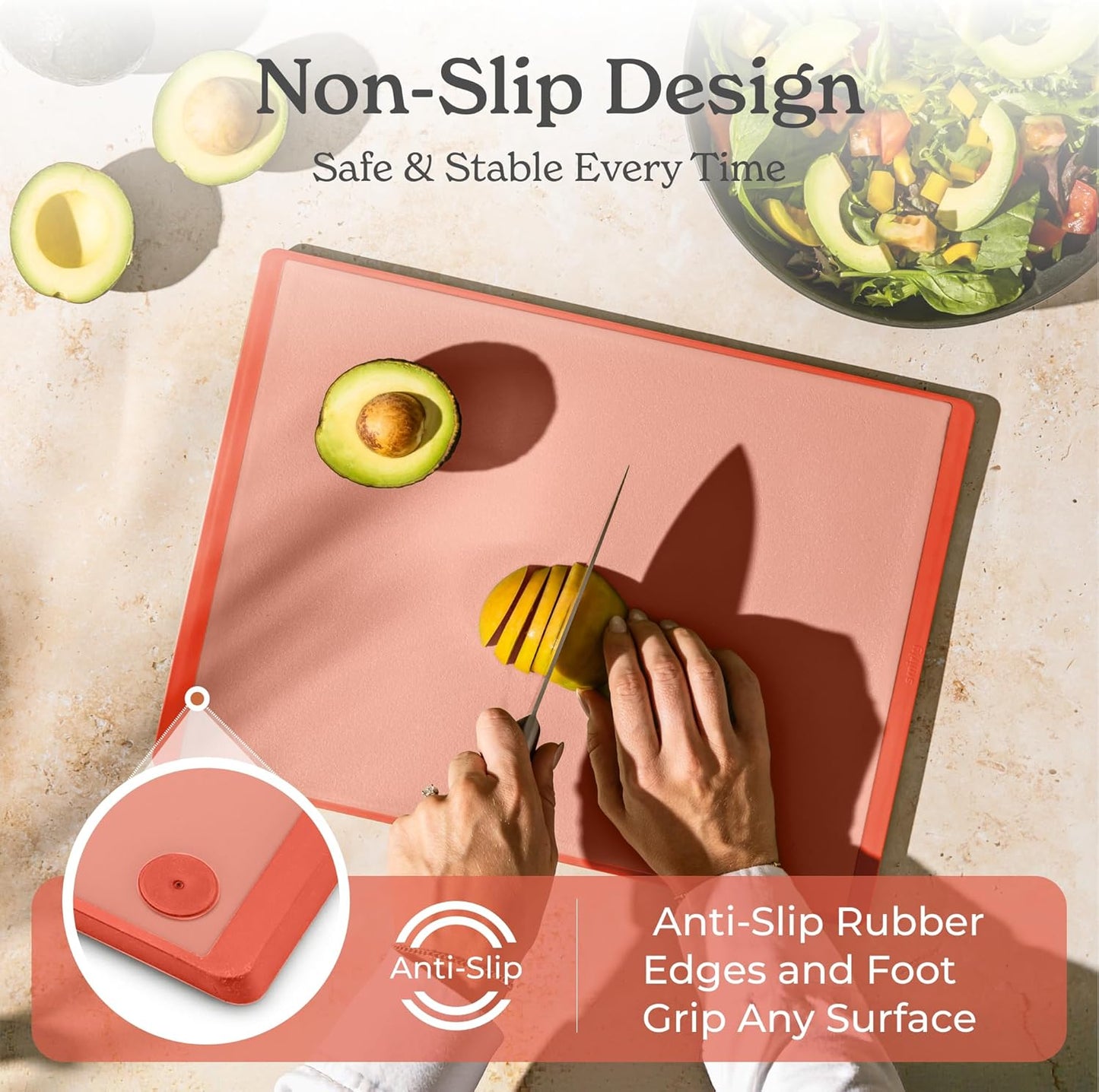 SMIRLY Plastic Cutting Board Set with Holder 3 Pieces, Non-Slip Dishwasher Safe Chopping Boards for Kitchen, Pink