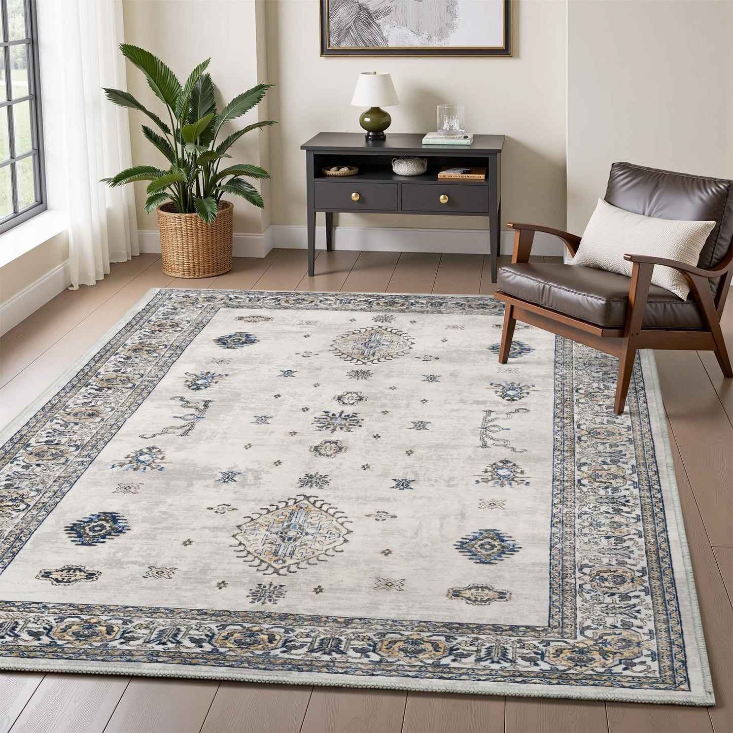 AMOAMI-Vintage Area Rug 4x6 Grey Rugs for Living Room-Soft Living Room Rug Non Slip Rugs for Bedroom Carpet Machine Washable Rug for Dining Room Bedside Office Room Decor
